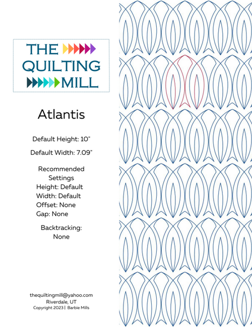 Atlantis digital quilting pattern product info sheet with machine settings for this flowing nautical digital pantograph quilt pattern for longarm quilting