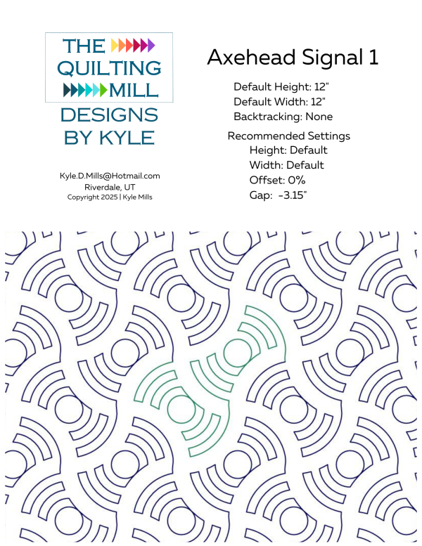 Axehead Signal 1 digital pantograph product info sheet with machine settings for this abstract geometric digital pantograph quilt pattern for longarm quilting