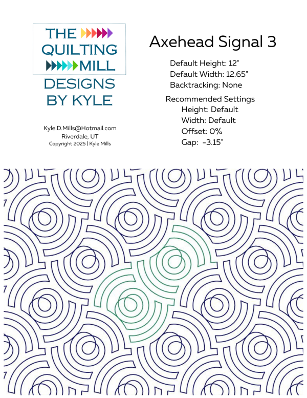 Axehead Signal 3 longarm digital pantograph product info sheet with machine settings for this bold concentric arc digital pantograph quilt pattern