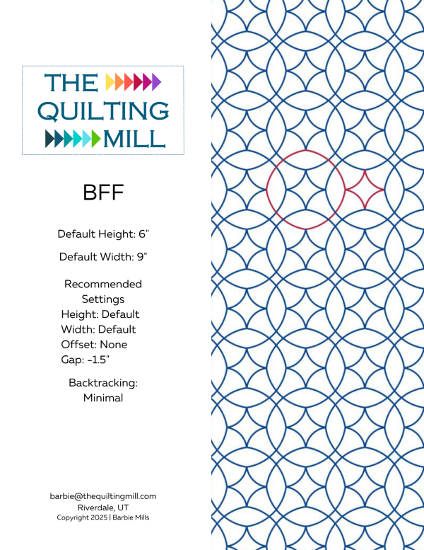 BFF interlocking circle pantograph info sheet with file formats and specifications for digital pantographs and longarm quilting machines