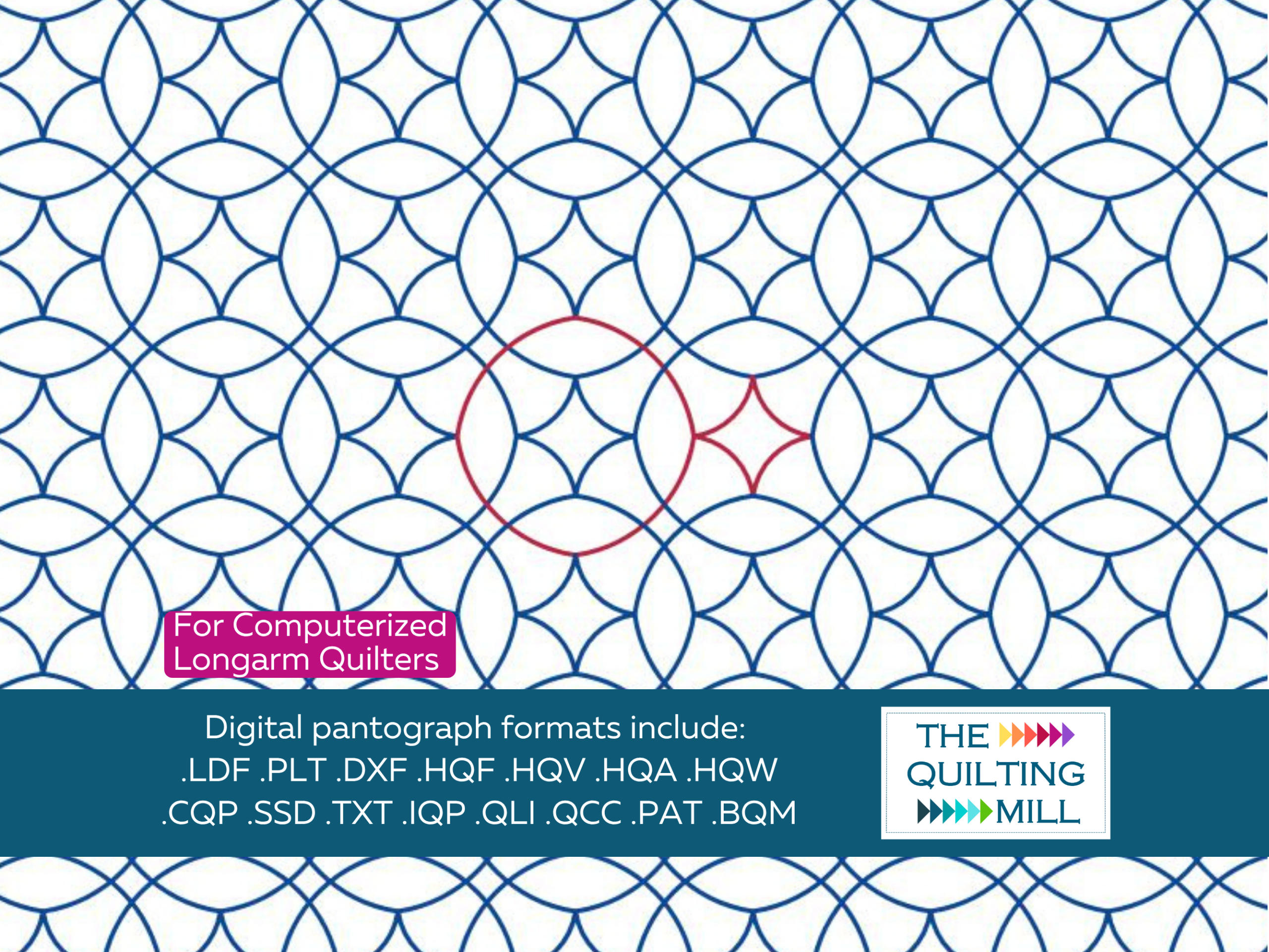 BFF interlocking circle pantograph full design view with The Quilting Mill logo – geometric overlapping circles forming stars and petals in a modern edge-to-edge longarm pantograph