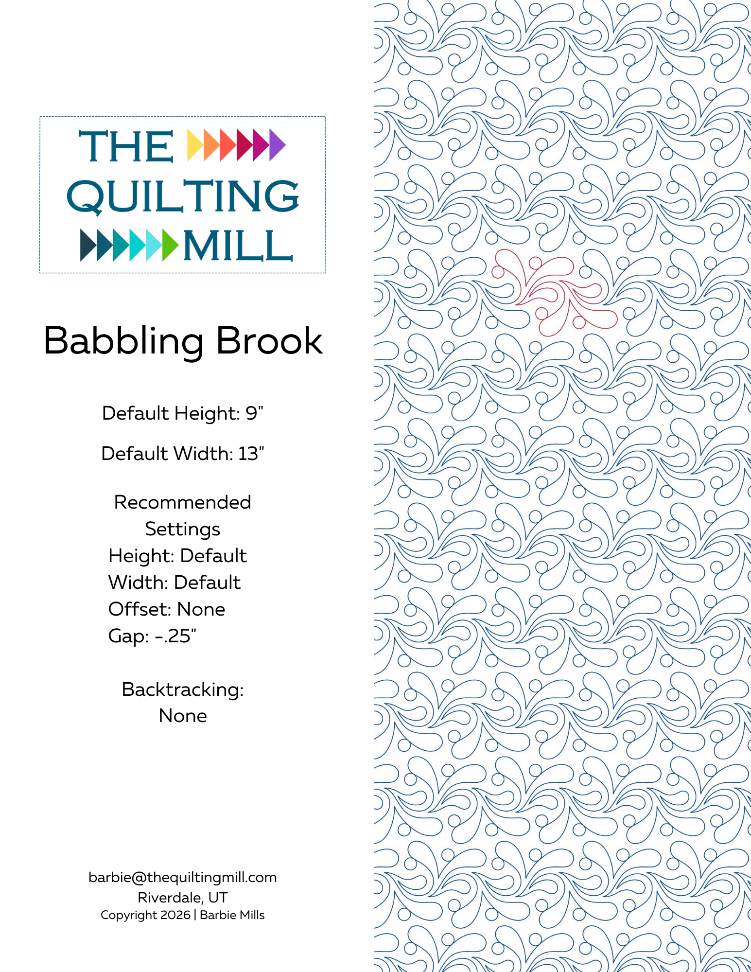 Info sheet for the Babbling Brook feather pantograph design detailing this digital pantograph for longarm quilting, including file formats and sizing.