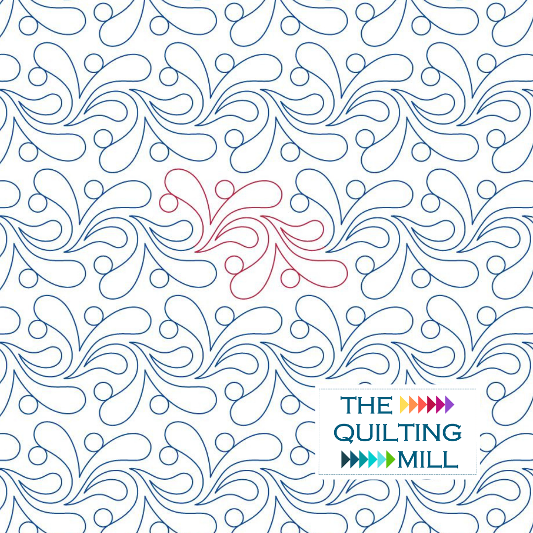 Babbling Brook feather pantograph design shown as a flowing digital feather pantograph in The Quilting Mill's signature branded hero image.