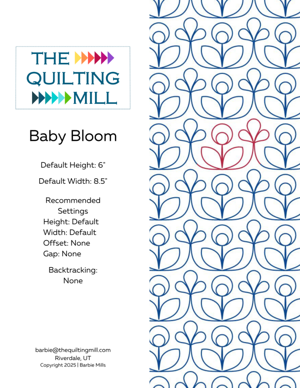 Baby Bloom digital pantograph product info sheet showing 15+ longarm quilting file formats, specs, and recommended settings for machine quilting