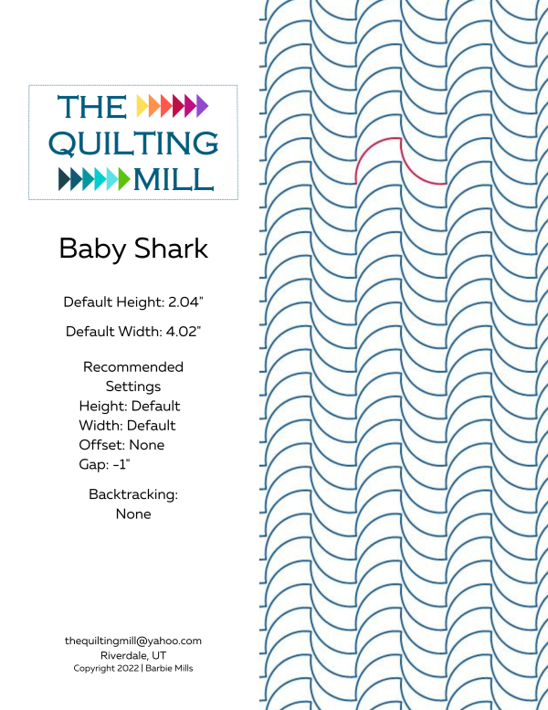 Baby Shark digital pantograph product info sheet displaying 15+ longarm quilting file formats, specs, negative gap setting, and zero backtracking details