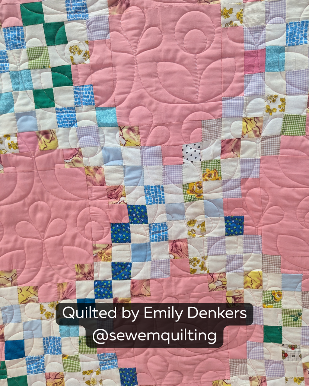Baby Bloom digital pantograph featuring tiny flowers and looping vines on a colorful quilt