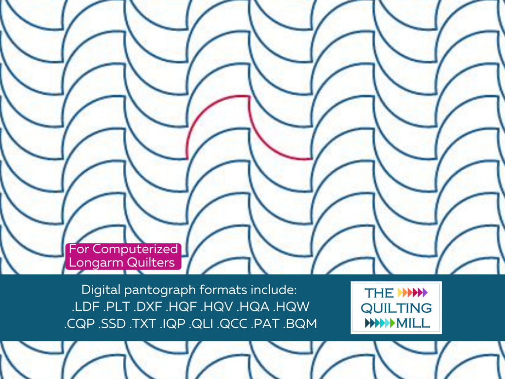Baby Shark digital pantograph product info sheet displaying 15+ longarm quilting file formats, specs, negative gap setting, and zero backtracking details