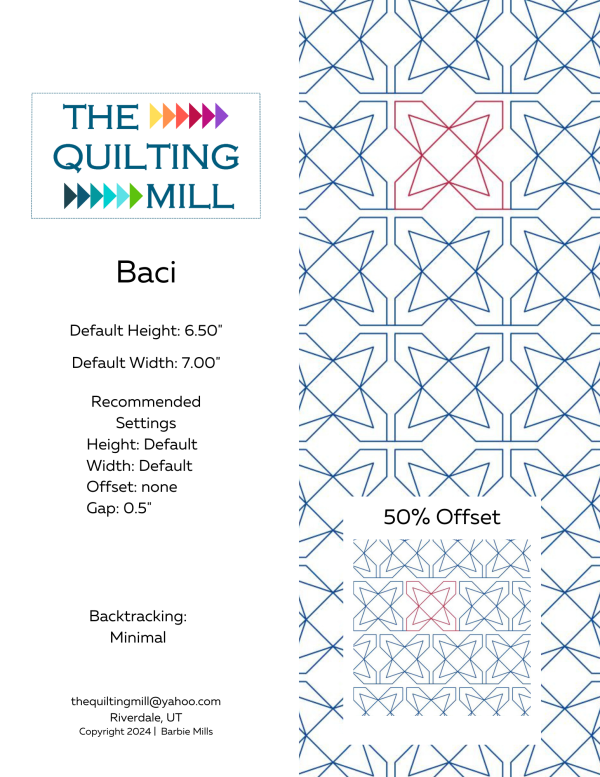 Baci digital pantograph product info sheet showing 15+ longarm quilting file formats, 6.5" height spec, negative gap setting, and minimal backtracking details