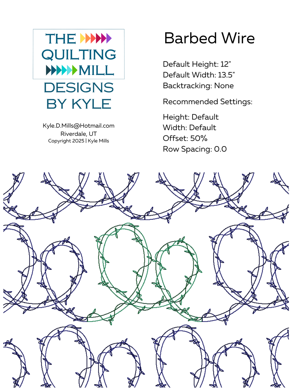 Barbed Wire digital pantograph info sheet listing default height, width, 50 percent offset and recommended row spacing for longarm quilting