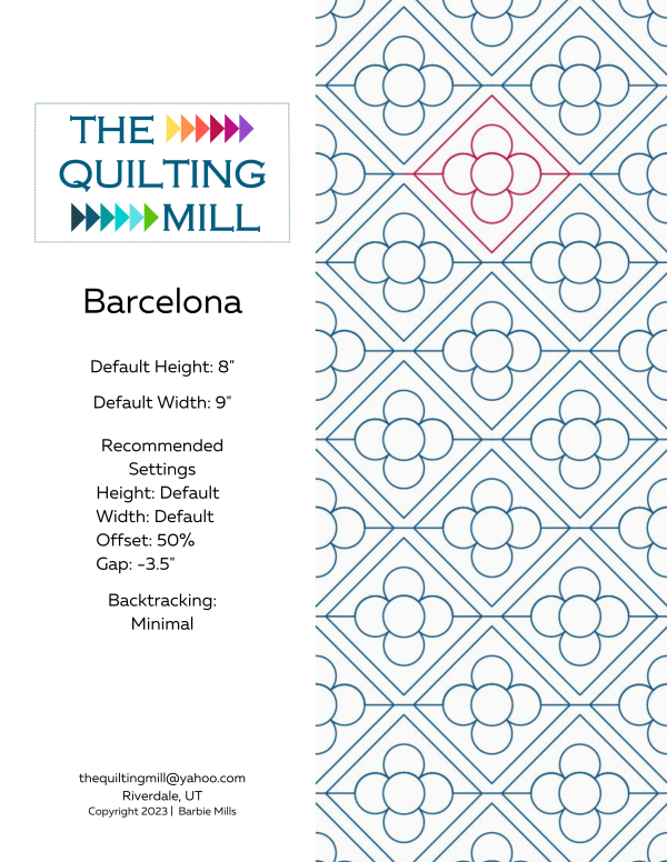Barcelona geometric floral pantograph pattern info sheet – specs and settings for digital geometric pantographs for longarm quilting machines
