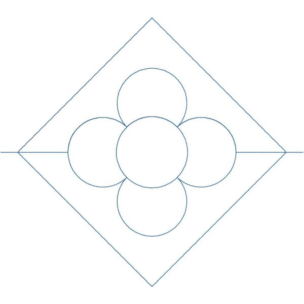 Close-up of Barcelona geometric floral quilting pantograph showing petal curves inside crisp geometric tile framework with 50% offset detail