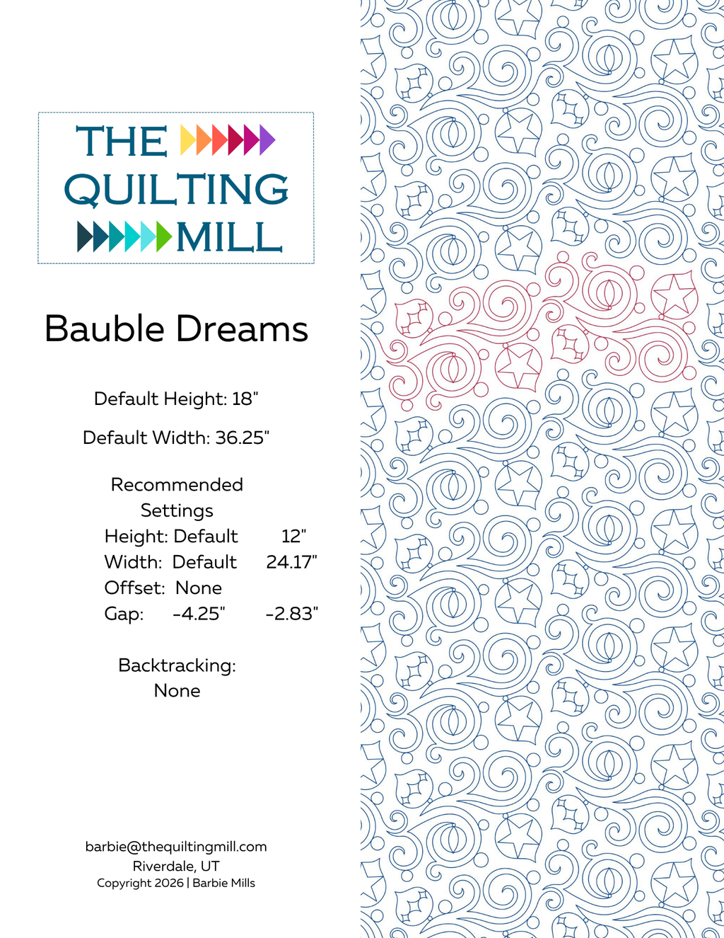 Info sheet for the Bauble Dreams Christmas quilting pantograph listing file formats and sizing details for this holiday longarm pantograph.
