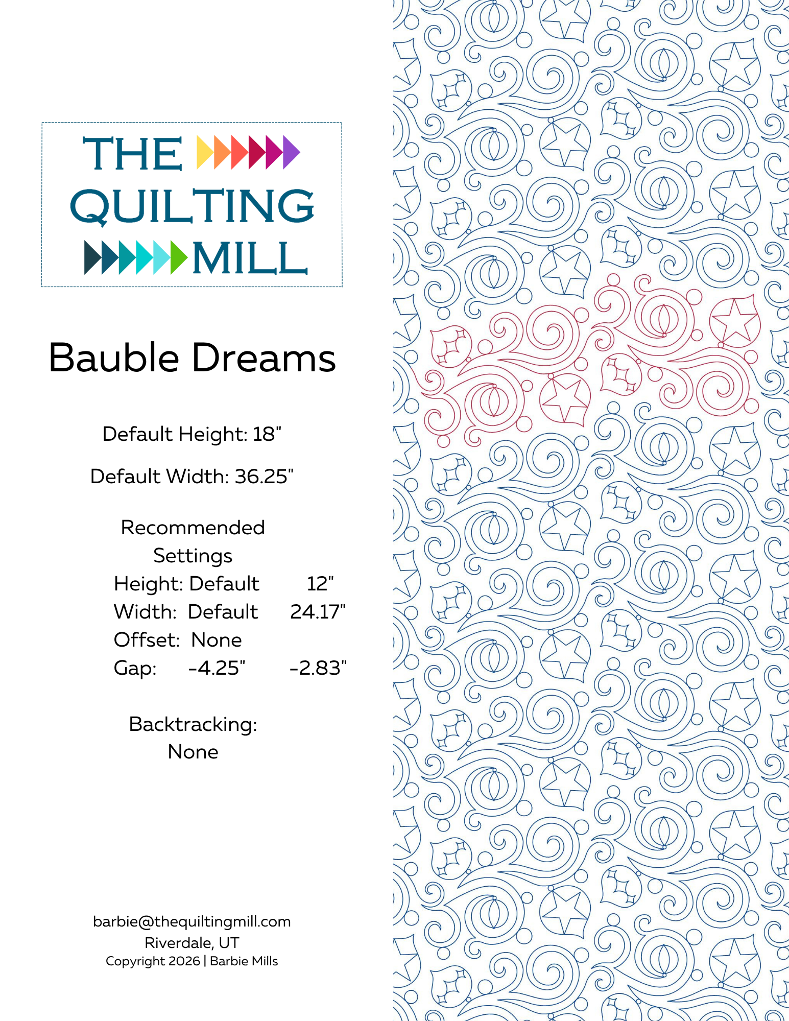 Info sheet for the Bauble Dreams Christmas quilting pantograph listing file formats and sizing details for this holiday longarm pantograph.
