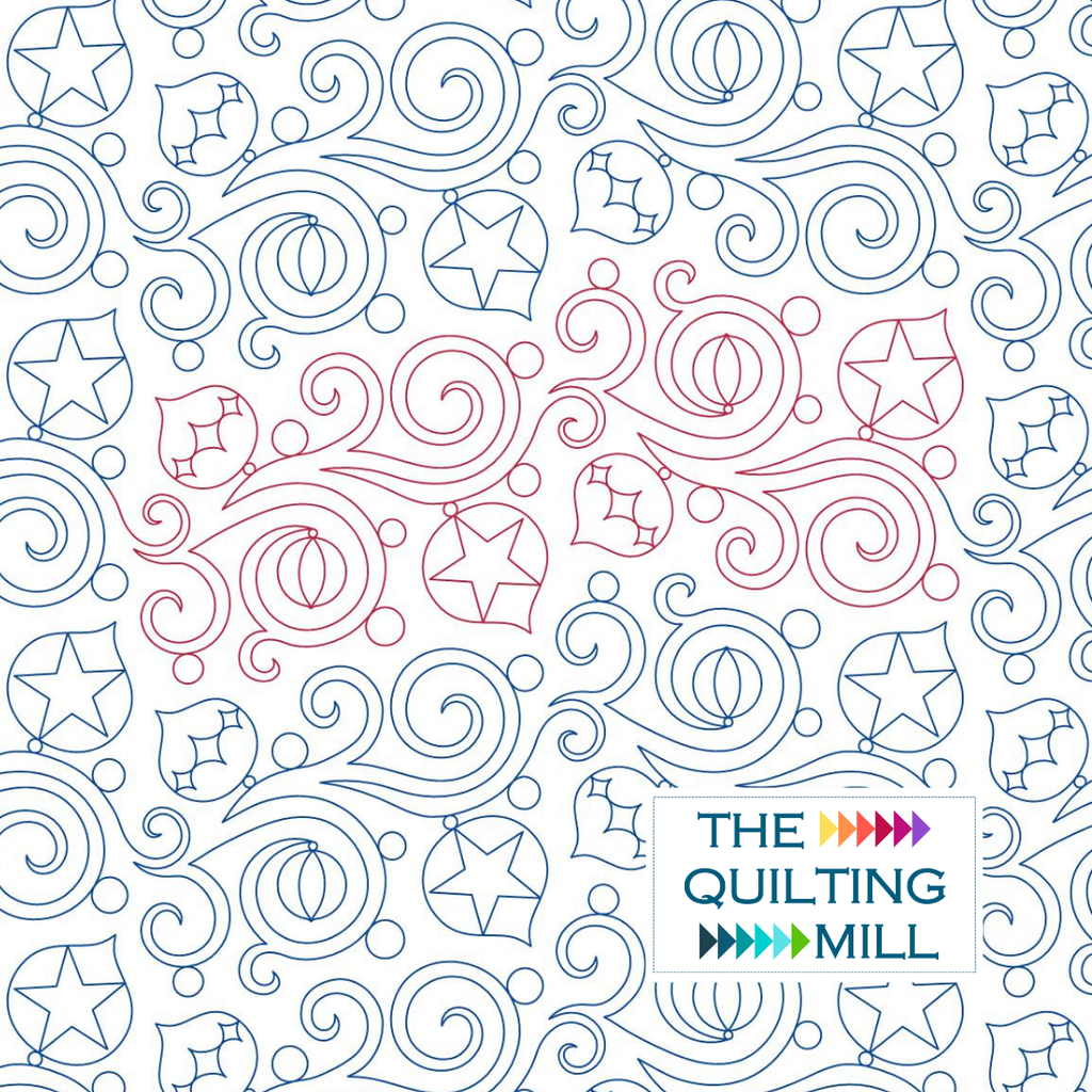 Bauble Dreams Christmas quilting pantograph hero image featuring The Quilting Mill logo alongside swirling bauble and star holiday quilting design.