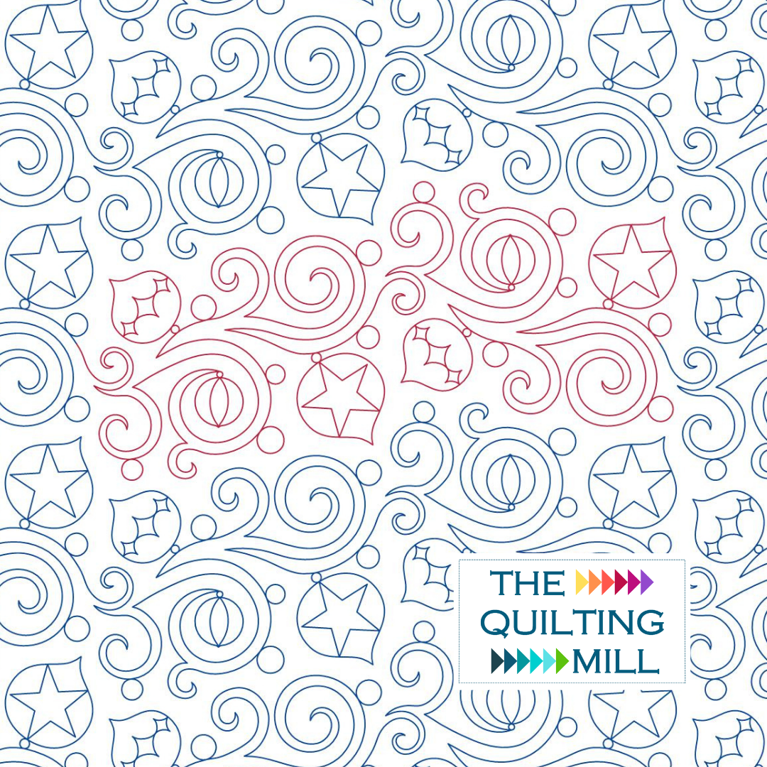 Bauble Dreams Christmas quilting pantograph hero image featuring The Quilting Mill logo alongside swirling bauble and star holiday quilting design.