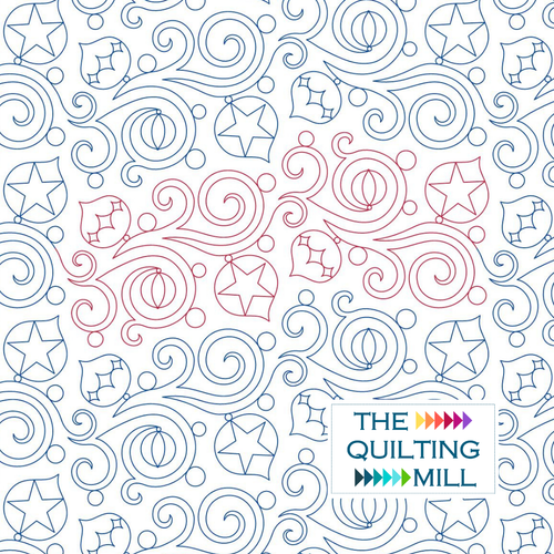 Bauble Dreams Christmas quilting pantograph hero image featuring The Quilting Mill logo alongside swirling bauble and star holiday quilting design.