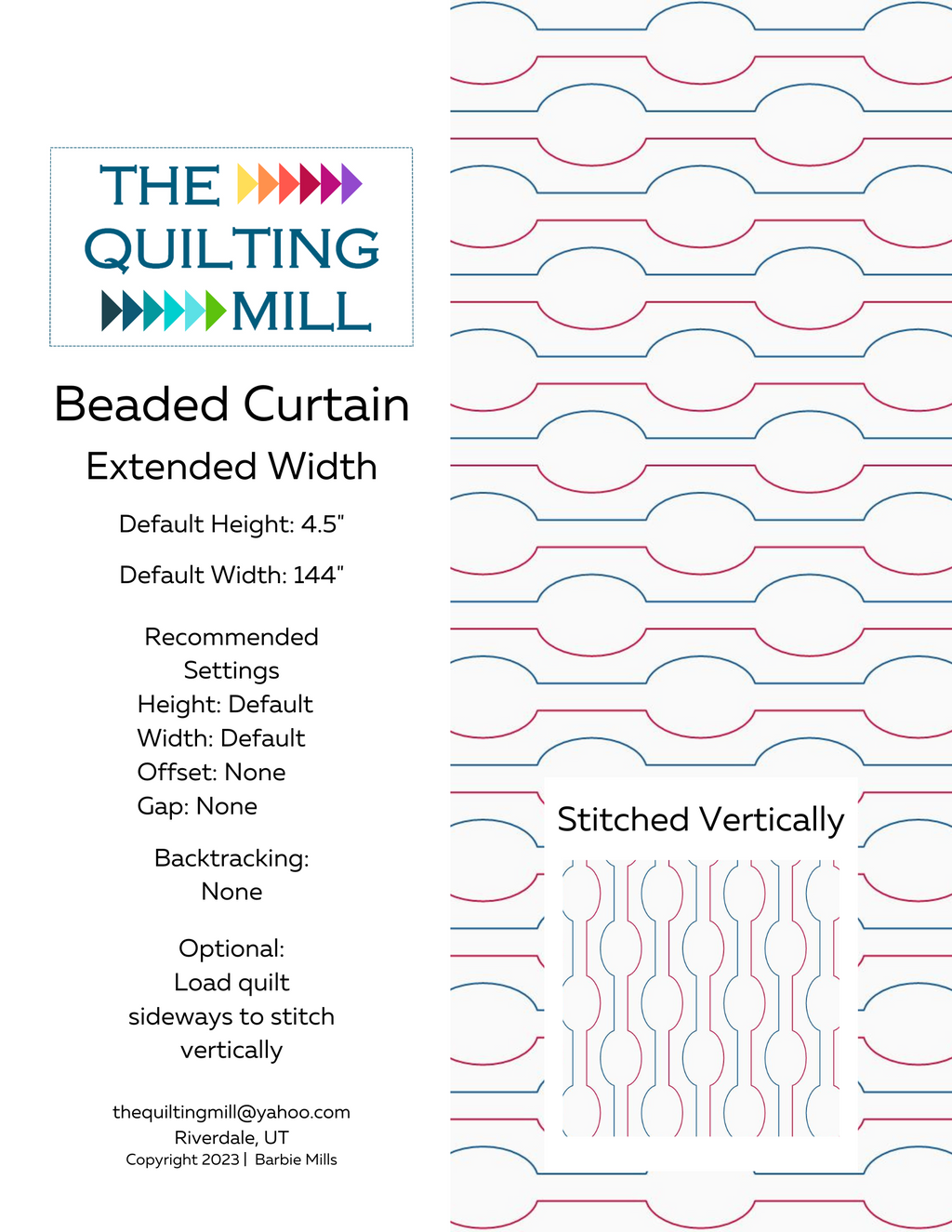 Beaded Curtain extended width quilting design info sheet – specs and settings for digital quilting designs for longarm machines