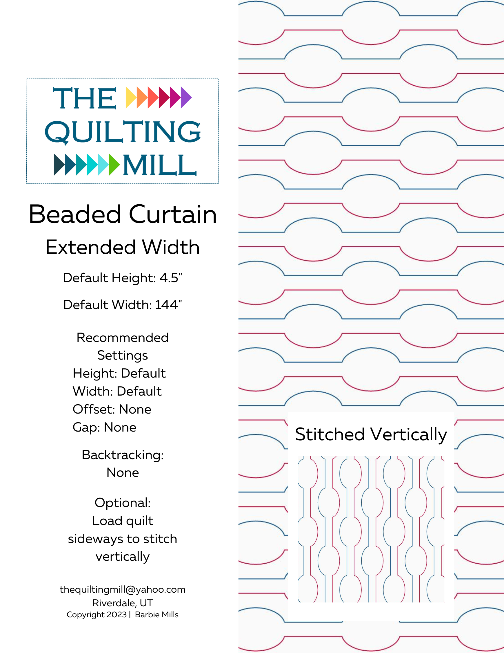 Beaded Curtain extended width quilting design info sheet – specs and settings for digital quilting designs for longarm machines