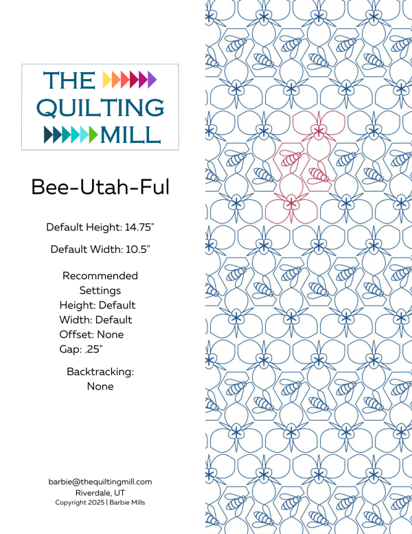 Bee-Utah-Ful bee quilting pantograph info sheet with file formats and specifications for digital pantographs and longarm quilting machines