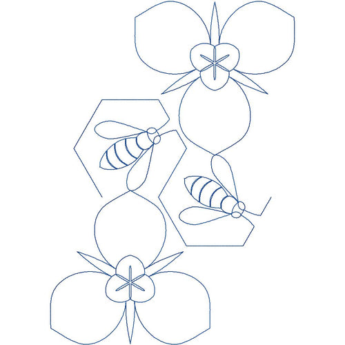 Close-up of Bee-Utah-Ful whimsical bee quilting pantograph showing detailed buzzing bee and delicate floral stitching for spring nature-inspired longarm quilting machines