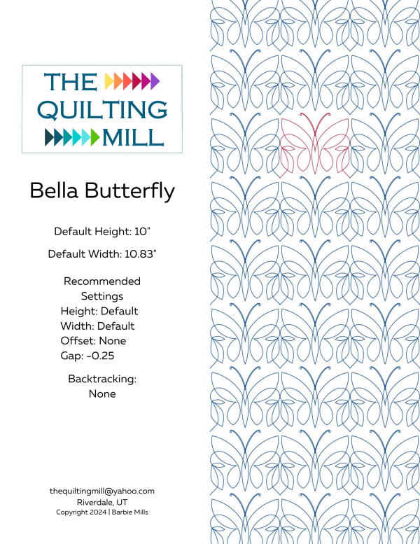 Bella Butterfly longarm butterfly pantograph info sheet with file formats and specifications for digital pantographs and longarm quilting machines