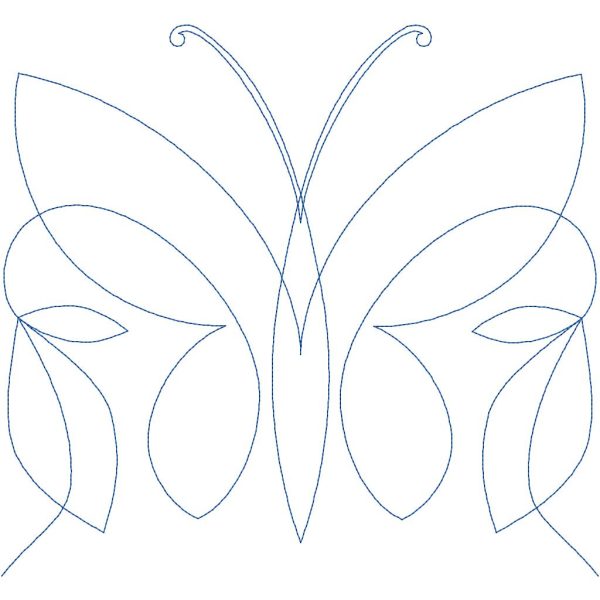 Close-up of Bella Butterfly digital butterfly pantograph showing elegant wing shapes and graceful looping curves with delicate continuous stitching detail for longarm quilting machines