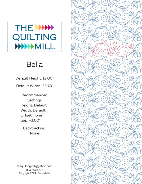 Bella flower vine pantograph info sheet with file formats and specifications for digital pantographs and longarm quilting machines