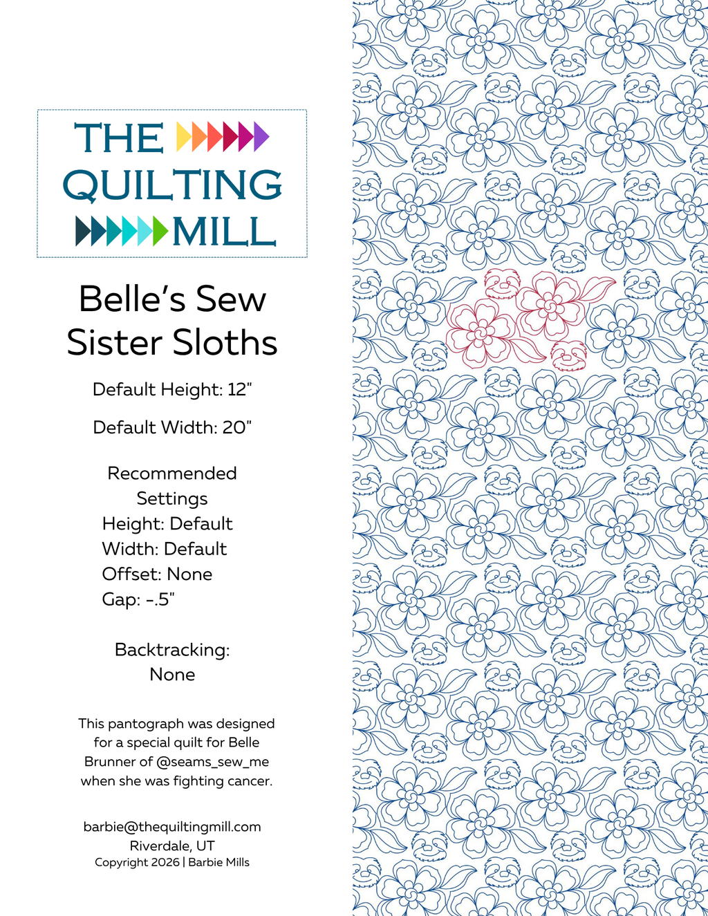 Belle's Sew Sister Sloths garden quilt pantograph pattern info sheet showing design specs, sizing details, and repeating floral and sloth motif layout.