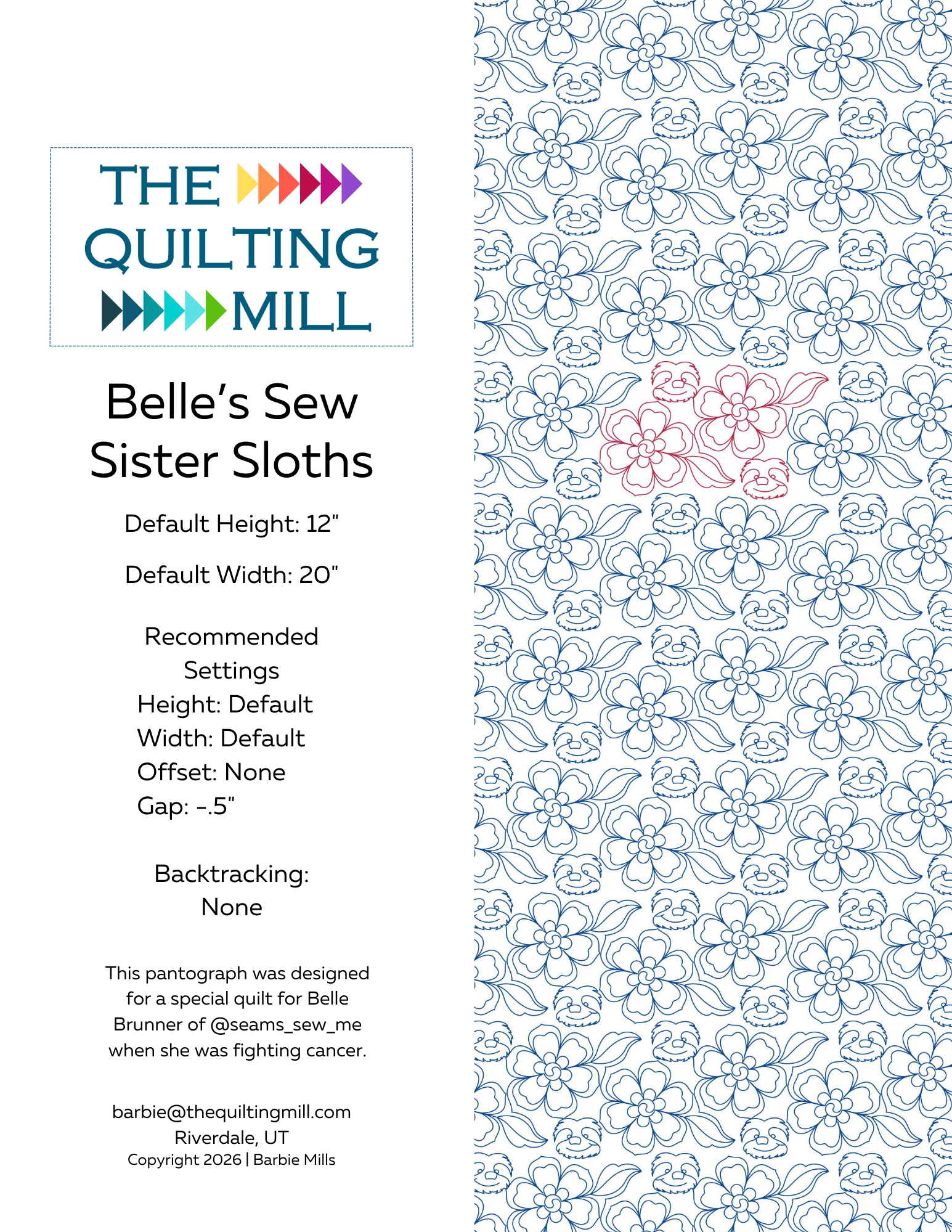 Belle's Sew Sister Sloths garden quilt pantograph pattern info sheet showing design specs, sizing details, and repeating floral and sloth motif layout.