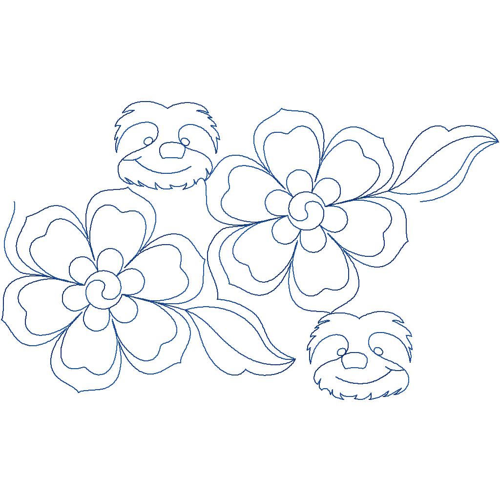 Close-up of Belle's Sew Sister Sloths floral pantograph quilting design highlighting the detailed sloth faces nestled among layered blooms and botanical leaves.