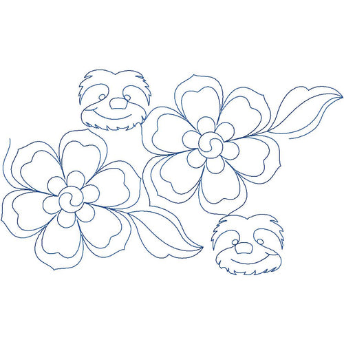 Close-up of Belle's Sew Sister Sloths floral pantograph quilting design highlighting the detailed sloth faces nestled among layered blooms and botanical leaves.