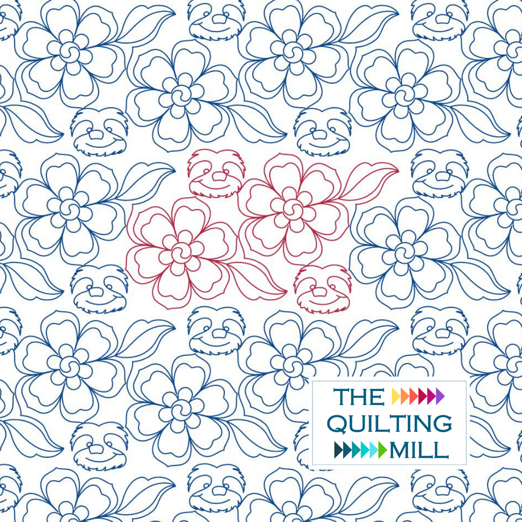 Belle's Sew Sister Sloths floral quilting pantograph hero image showing a whimsical allover design of sloths, flowers, and flowing leaves with The Quilting Mill logo.