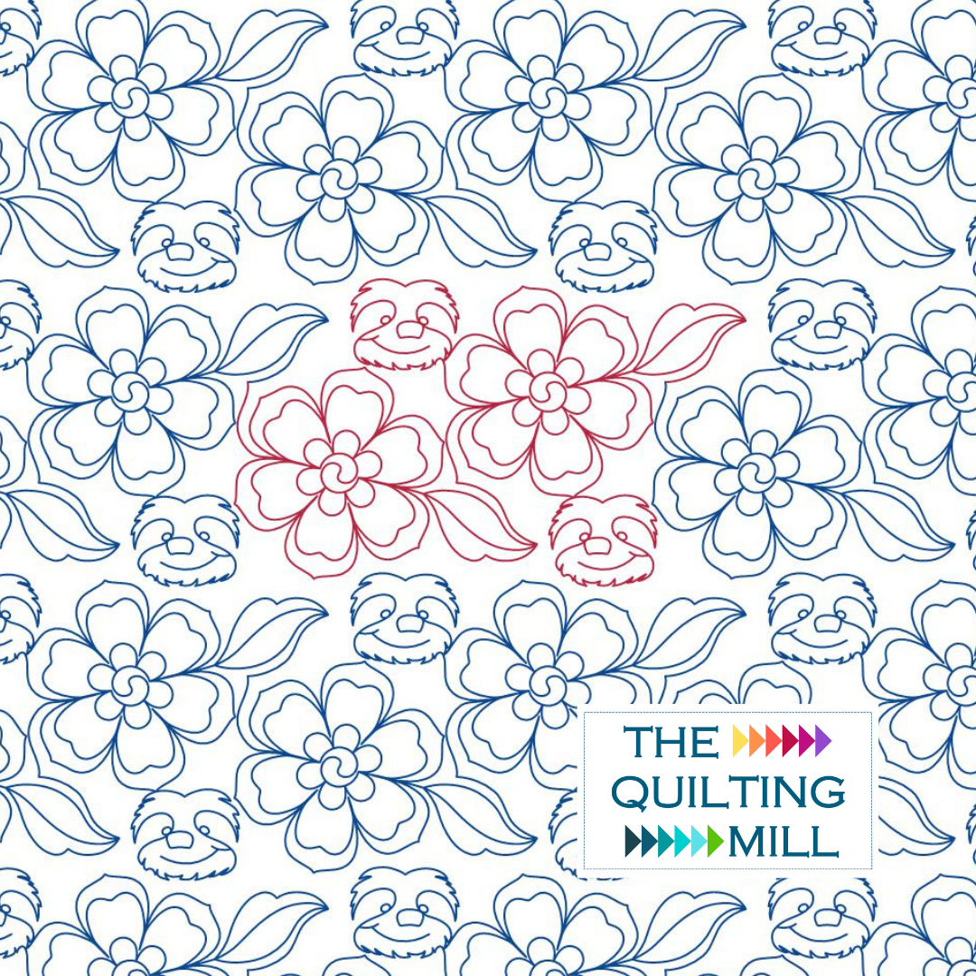 Belle's Sew Sister Sloths floral quilting pantograph hero image showing a whimsical allover design of sloths, flowers, and flowing leaves with The Quilting Mill logo.