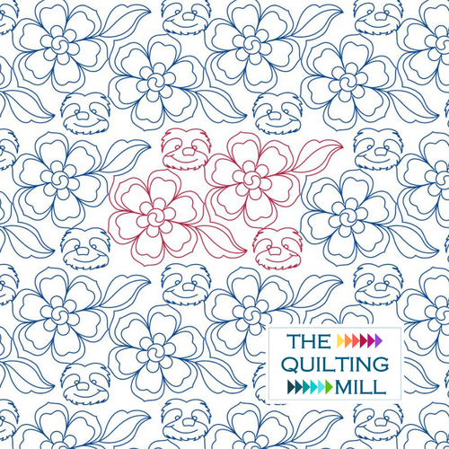 Belle's Sew Sister Sloths floral quilting pantograph hero image showing a whimsical allover design of sloths, flowers, and flowing leaves with The Quilting Mill logo.