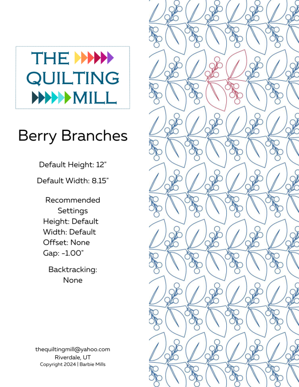 Berry Branches digital quilting pattern info sheet with file formats and specifications for digital pantographs and longarm quilting machines