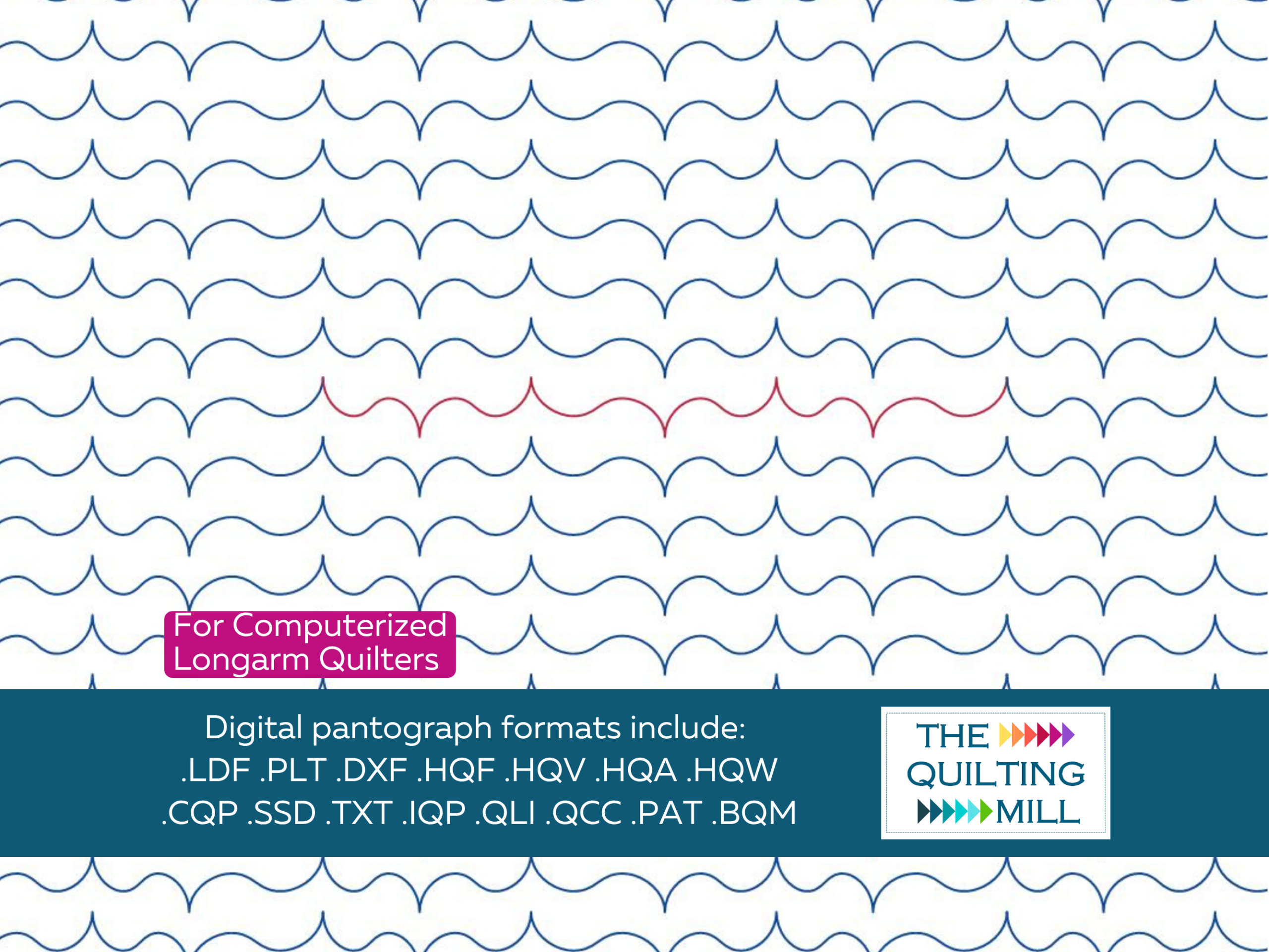 Bevy digital pantograph design full design view with The Quilting Mill logo – smooth flowing wave curves in a clean modern edge-to-edge longarm quilting pantograph