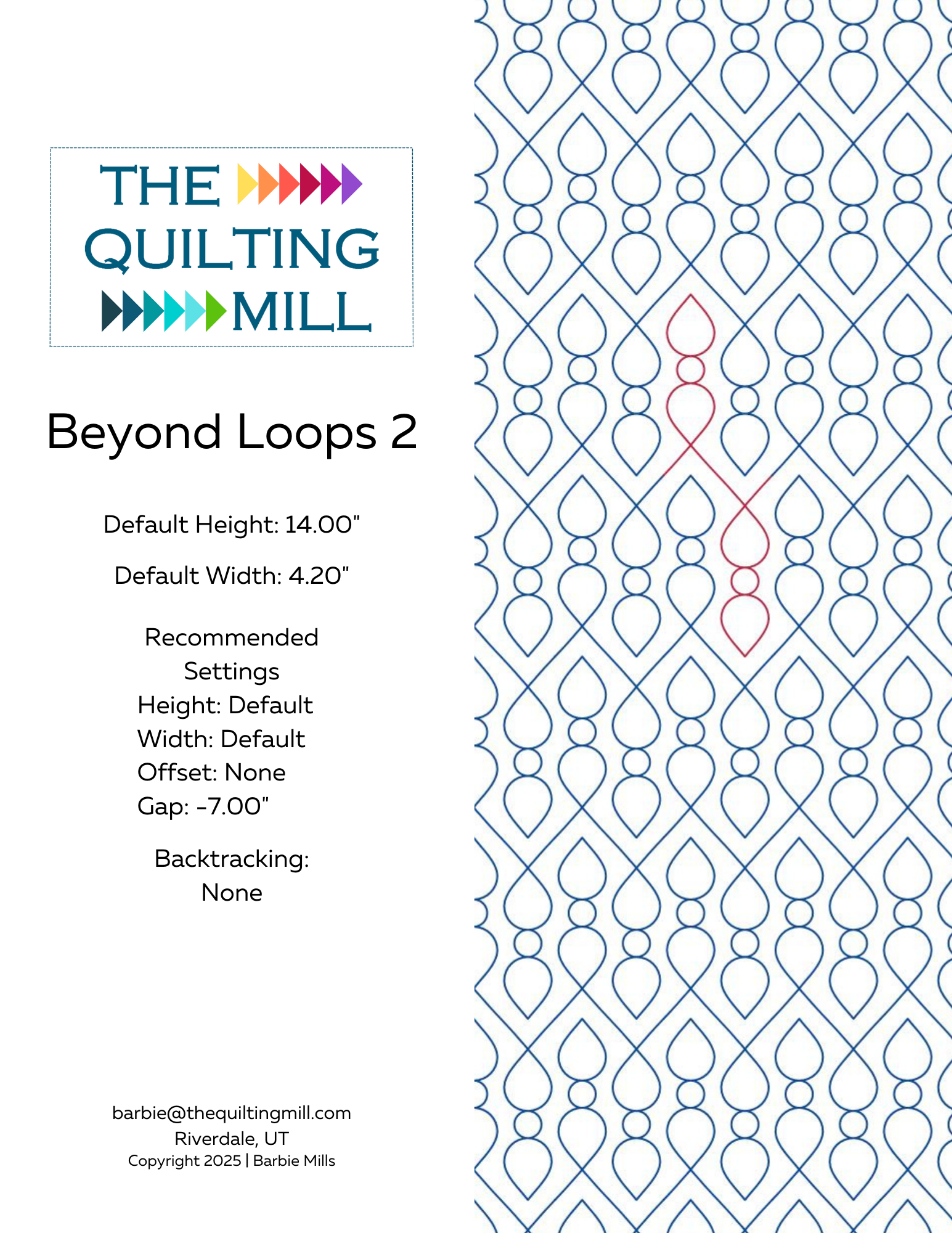 Beyond Loops 2 pantograph quilting design info sheet with file formats and specifications for digital pantographs and longarm quilting machines