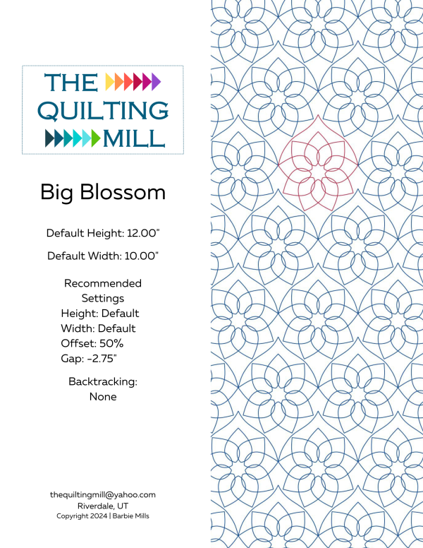 Big Blossom digital floral pantograph info sheet with file formats and specifications for digital pantographs and longarm quilting machines