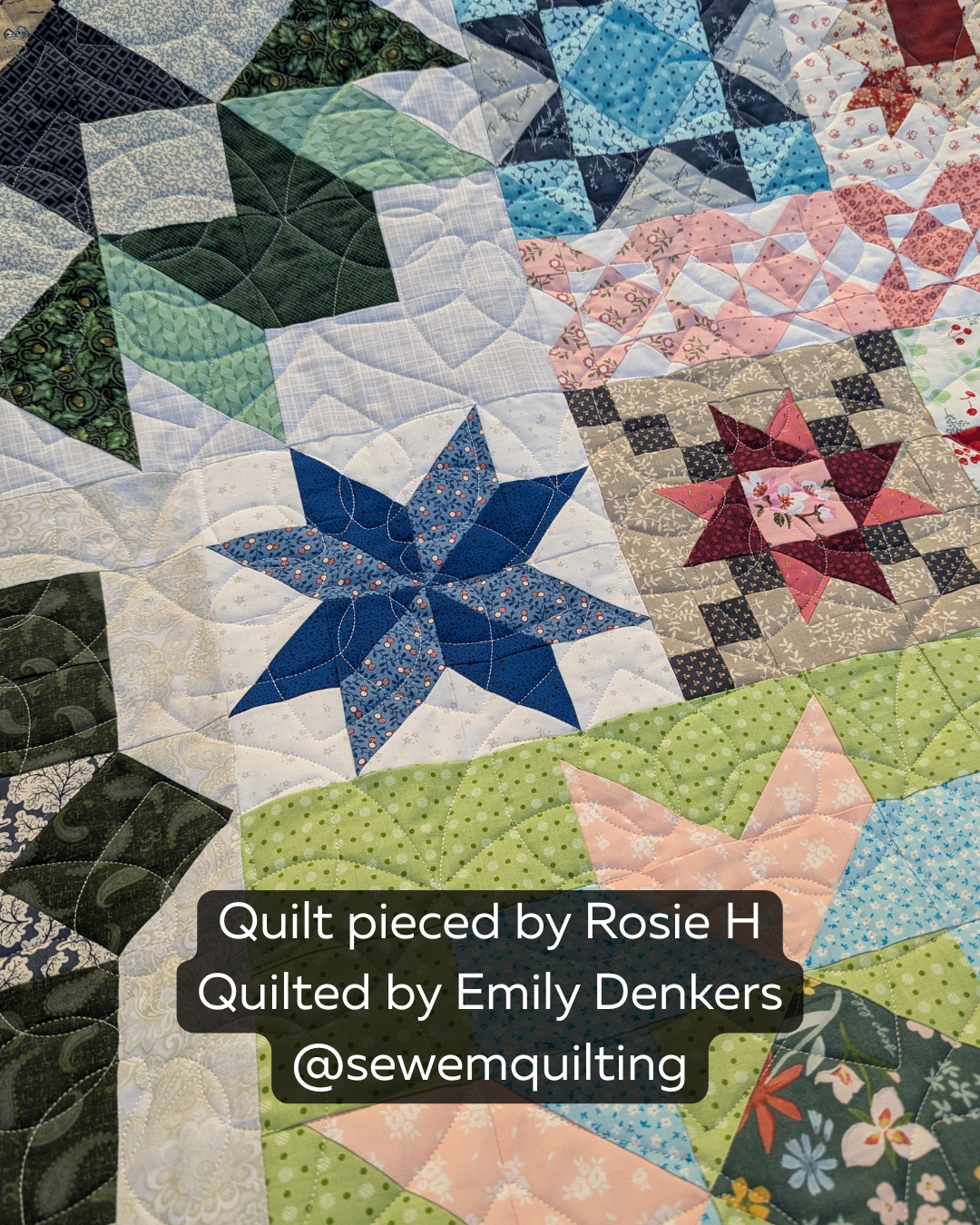 Big Blossom digital floral pantograph stitched across a colorful patchwork quilt featuring large flower motifs and graceful curved quilting lines.