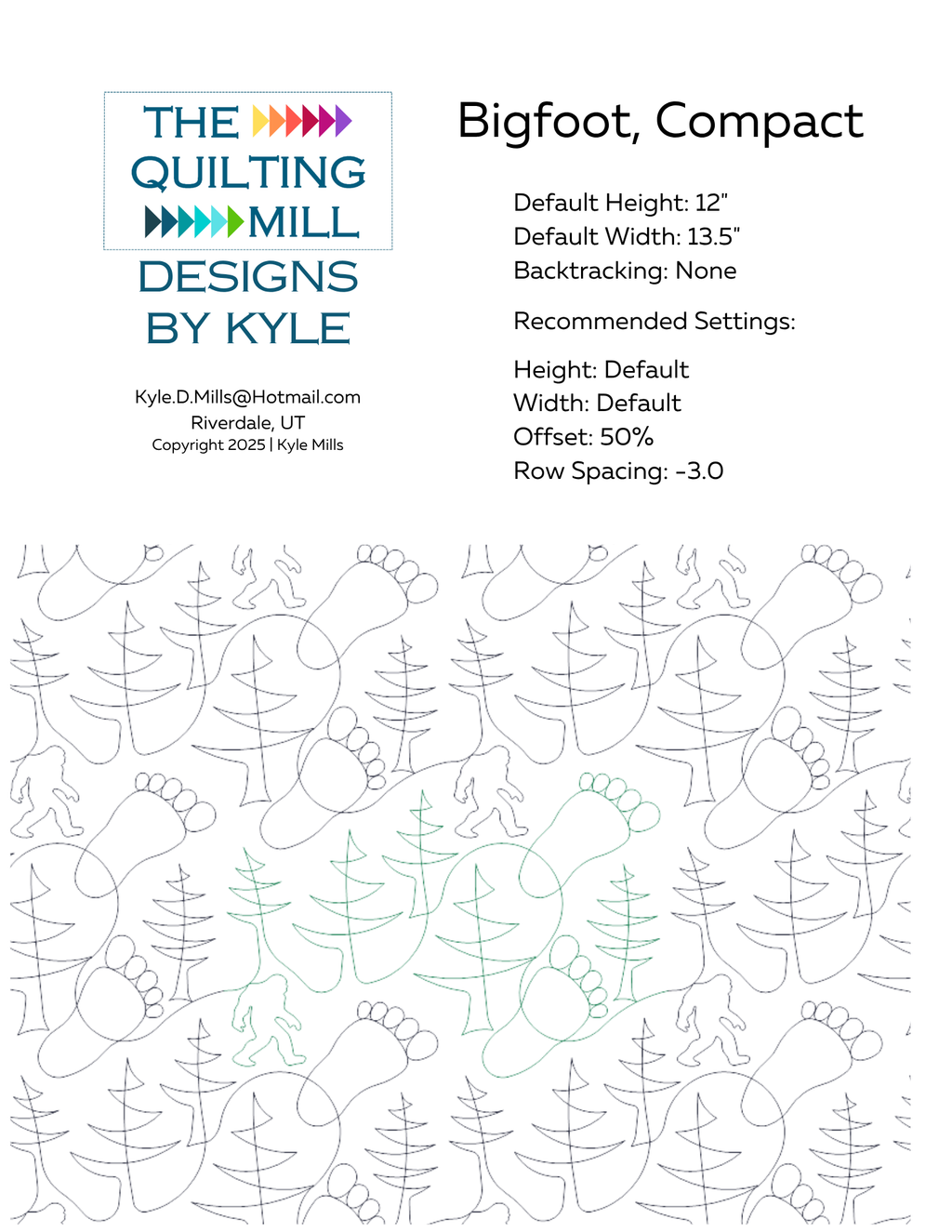 Bigfoot Compact digital pantograph info sheet listing default height, width, 50 percent offset and recommended row spacing for longarm quilting