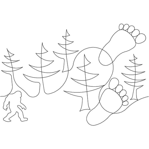 Close-up of Bigfoot Compact novelty pantograph showing detailed footprint and pine tree continuous line stitching