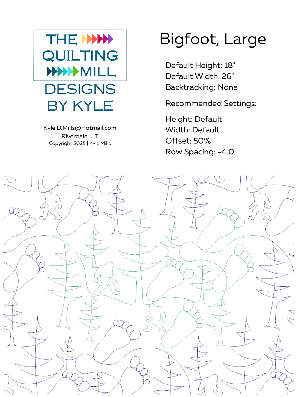 Bigfoot Large digital pantograph info sheet listing default height, width, 50 percent offset and recommended row spacing for longarm quilting