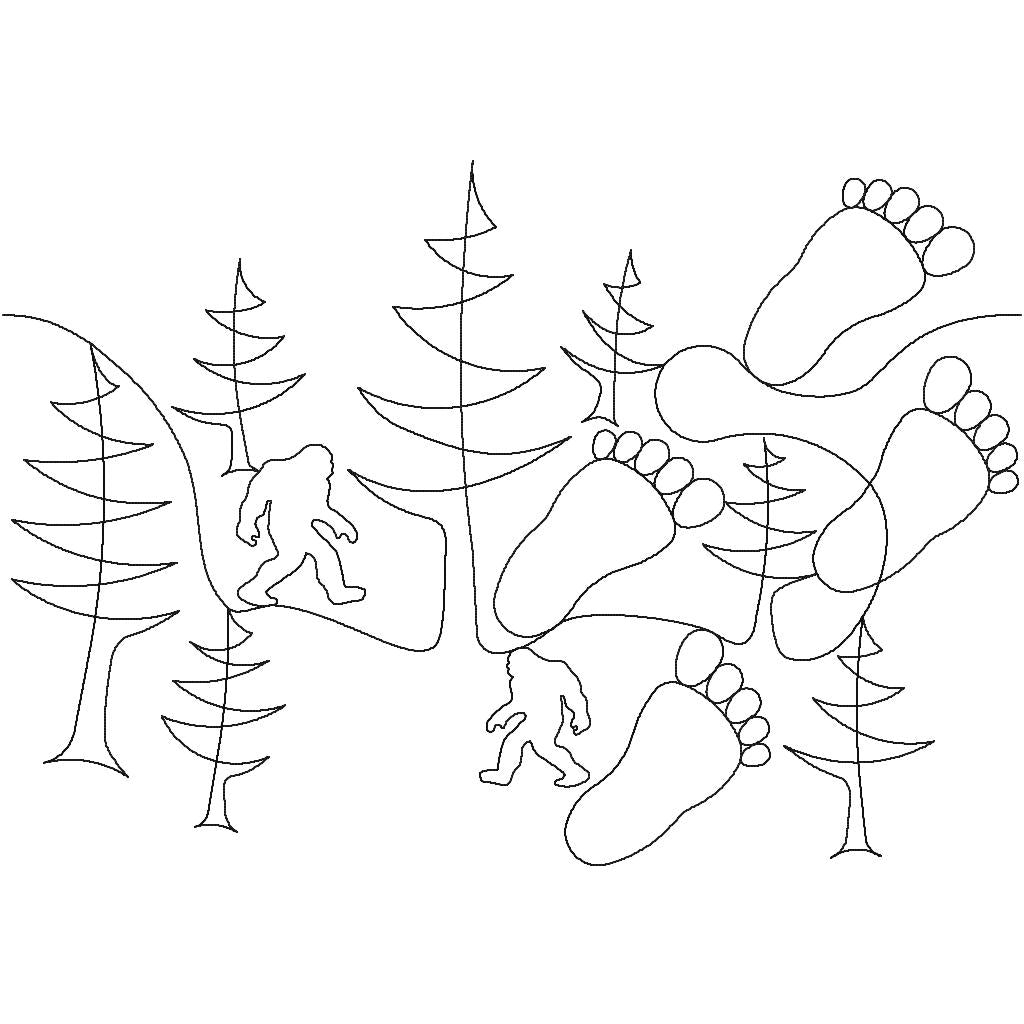 Close-up of Bigfoot Large novelty pantograph showing detailed large-scale footprint and pine tree continuous line stitching
