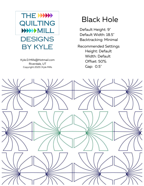 Black Hole modern pantograph design info sheet with file formats and specifications for digital pantographs and longarm quilting machines