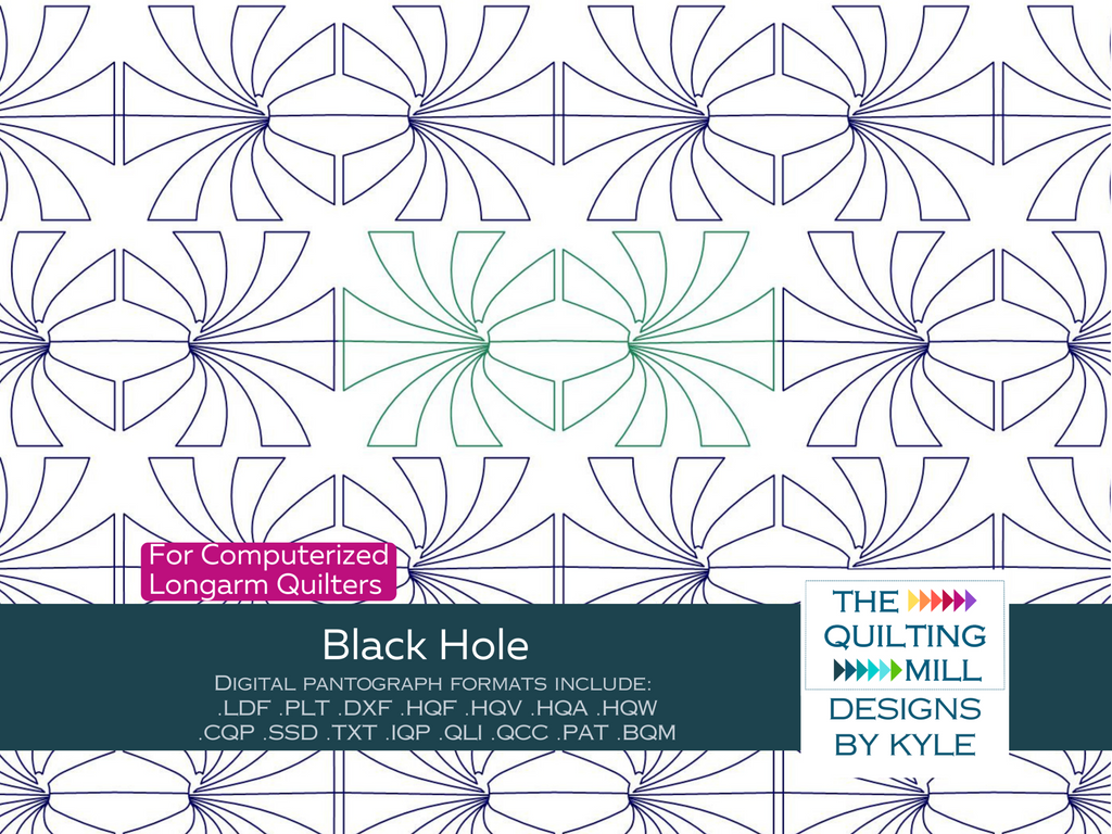 Black Hole modern pantograph design product image showing bold radiating geometric spirals and curves in a cosmic-inspired edge-to-edge longarm quilting design