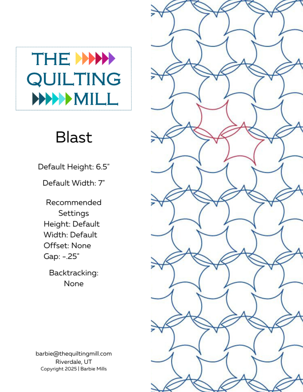 Blast novelty star pantograph info sheet with file formats and specifications for digital pantographs and longarm quilting machines