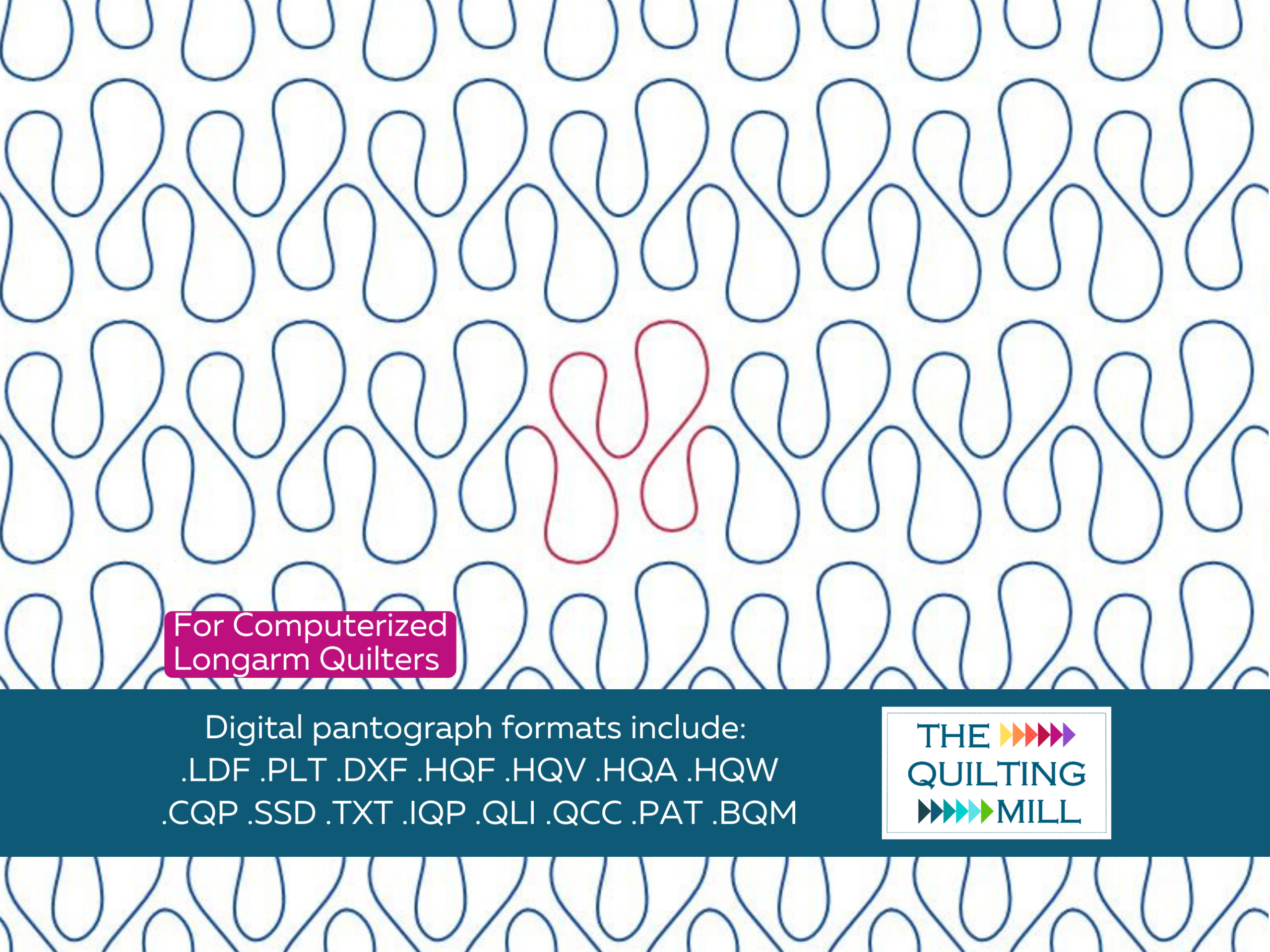 Blob organic curve pantograph full design view with The Quilting Mill logo – soft free-flowing looping arcs in a whimsical modern edge-to-edge longarm pantograph pattern
