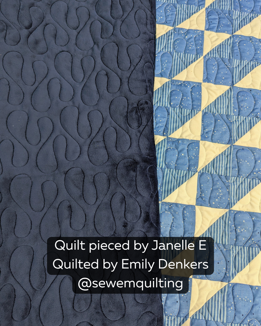 Blob Organic Curve longarm quilting pantograph stitched on a blue and cream patchwork quilt with flowing organic loop shapes and modern texture.