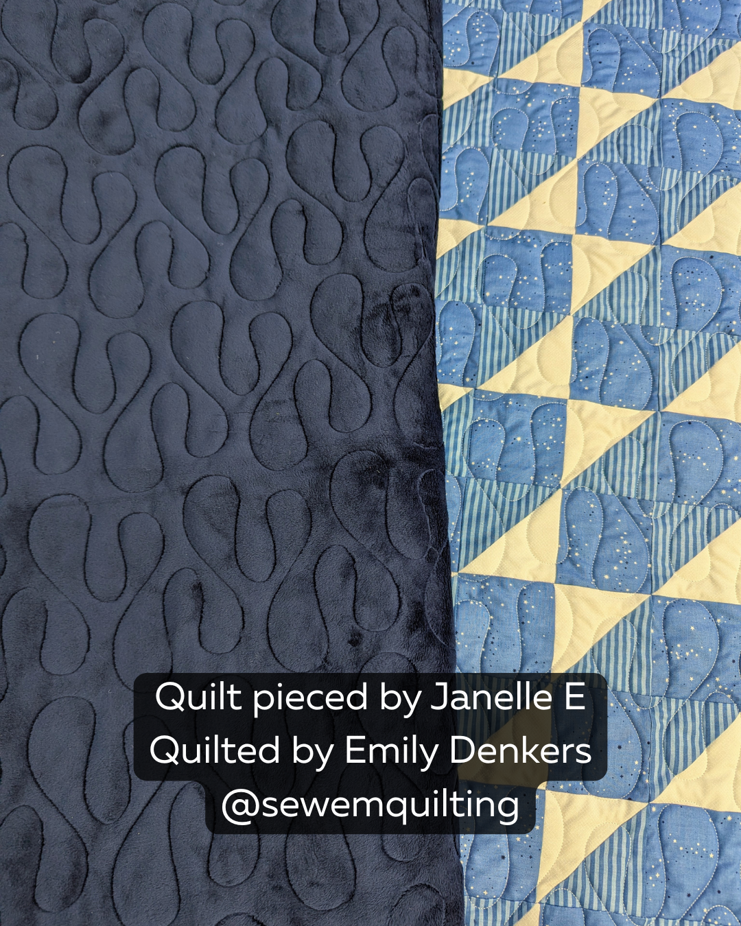 Blob Organic Curve longarm quilting pantograph stitched on a blue and cream patchwork quilt with flowing organic loop shapes and modern texture.
