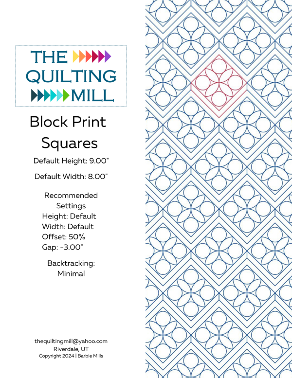 Block Print Squares floral block pantograph info sheet with file formats and specifications for digital pantographs and longarm quilting machines